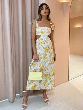 Yellow Floral Midi Dress with Tie Straps and Cutout Waist